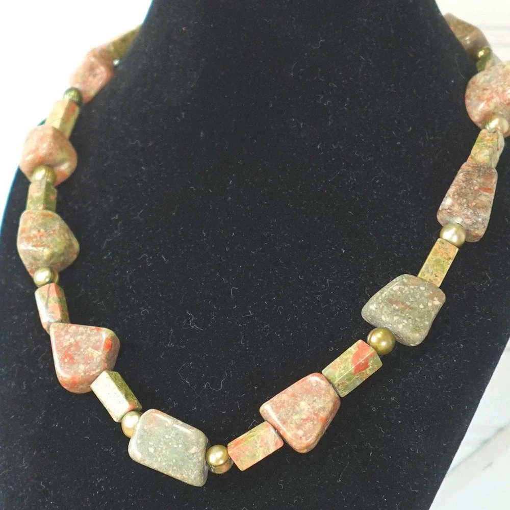 Vintage‎ Gemstone Necklace Sterling Silver Aventurine Unakite Jasper Pink Green